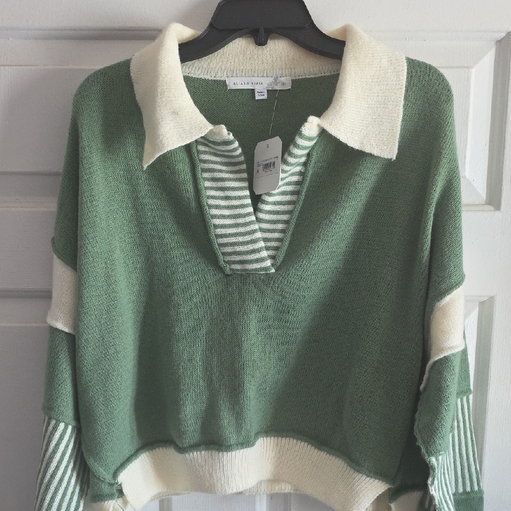 Altar'd State Green and Cream Cropped  V-Neck, Long Sleeved Sweater, Small, NWT - Picture 12 of 12